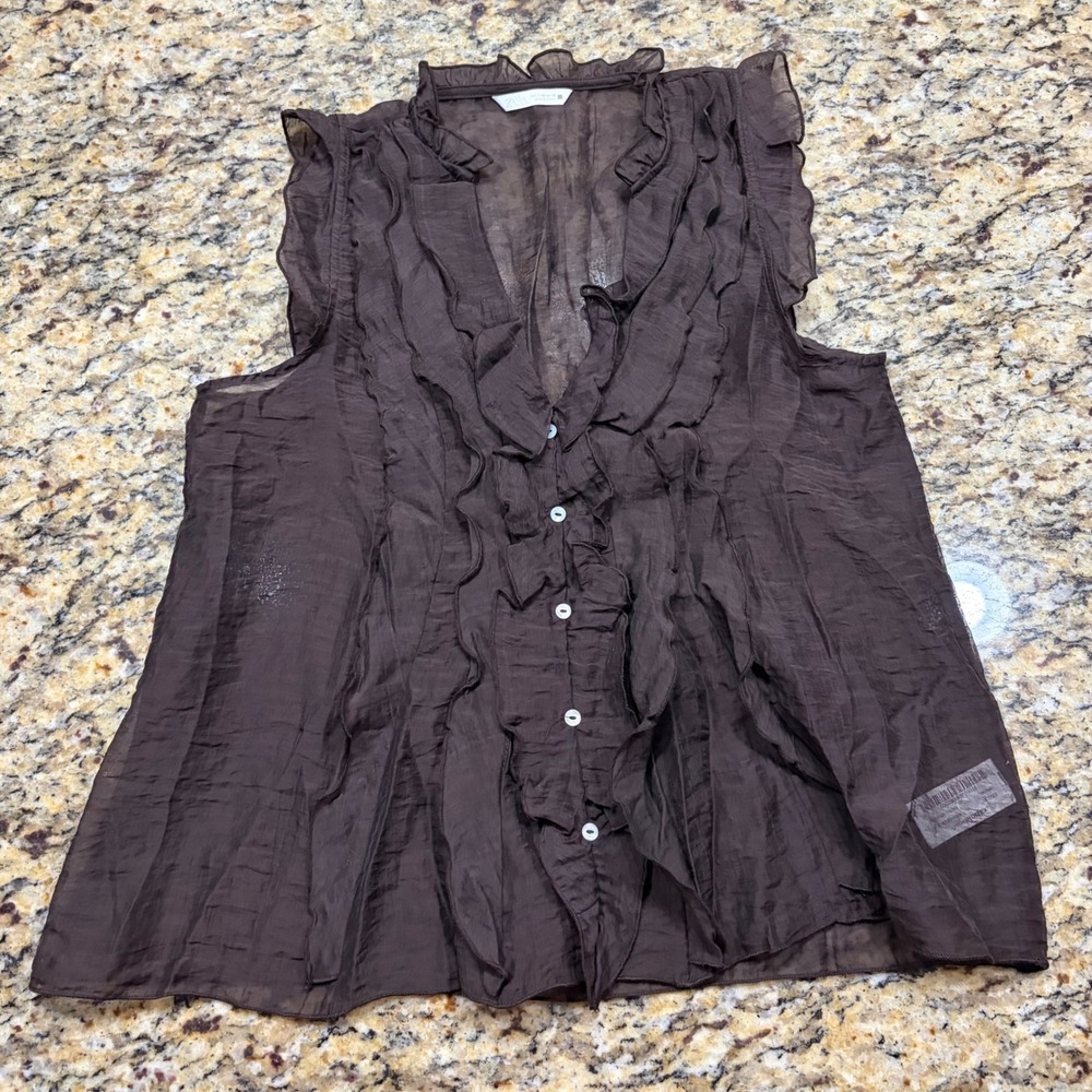 Zara Brown Sheer Ruffle Sleeveless Blouse Button Front V-Neck XS ws